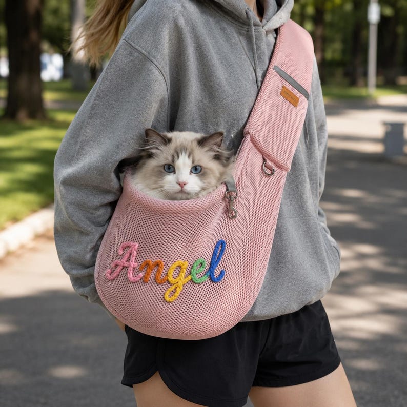 Puede incluir: Un transport&iacute;n de malla rosa para mascotas con la palabra Angel bordada en hilo multicolor. Un gato esponjoso de ojos azules y pelaje blanco y gris est&aacute; sentado dentro del transport&iacute;n, que tiene una correa ancha y un clip de metal.