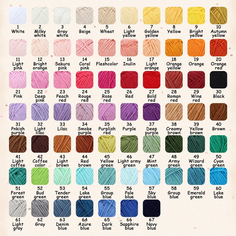 Puede incluir: Una carta de colores con 67 madejas de hilo numeradas en varios tonos, incluyendo blanco, amarillo, naranja, rojo, rosa, morado, marr&oacute;n, verde, azul y gris. Cada cuadrado muestra una muestra de hilo con su n&uacute;mero y nombre de color.