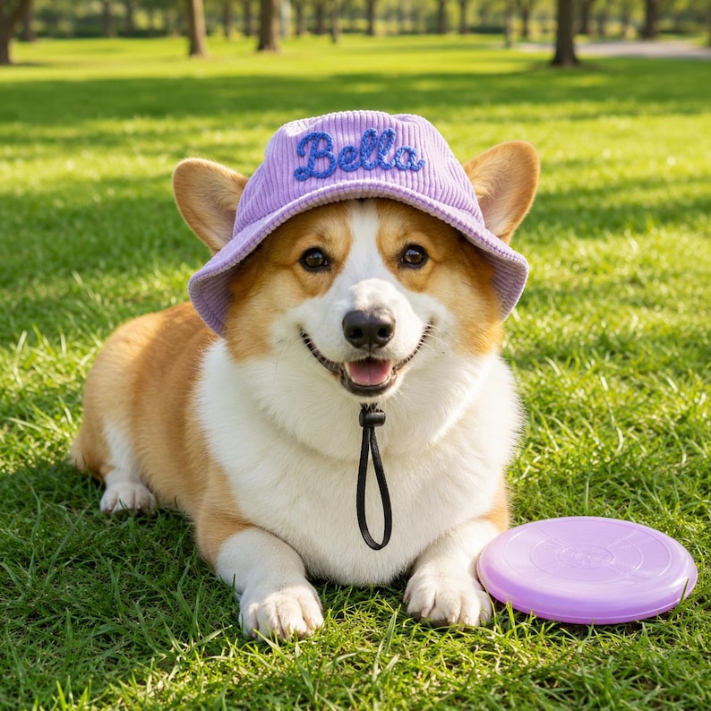 Broderad fiskarmössa för husdjur, personlig hundmössa, manchesterhatt med kattnamn, sommarhink för hund, solhatt för tax, gåvor för husdjur bild 2