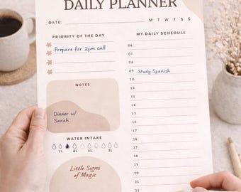 Beige Daily Planner Printable & Editable | Boho Time Schedule, Water Tracker (PDF)