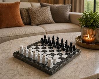Juego de ajedrez de mármol hecho a mano: tablero y piezas de piedra de lujo, elegante regalo de ajedrez.
