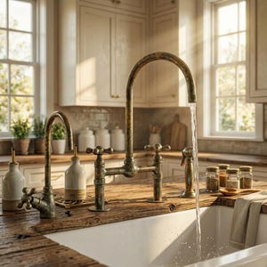 May include: A kitchen with antique brass taps, water flowing into a white sink. The taps are on a weathered wooden countertop, with spice jars and bottles in the background. The style is rustic.