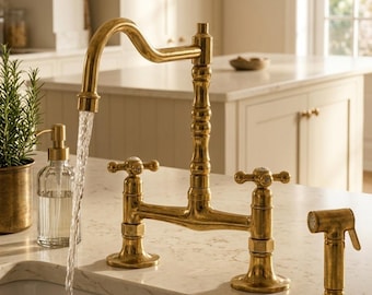 French Country Bridge Faucet – Antique Brass Kitchen Sink Tap