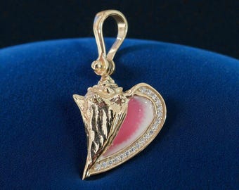 14kt gold vermeil Conch Shell Pendant with pink enamel key west white sapphires