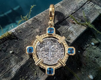 Atocha coin 14kt gold vermeil pendant with blue topaz shipwreck fine jewelry