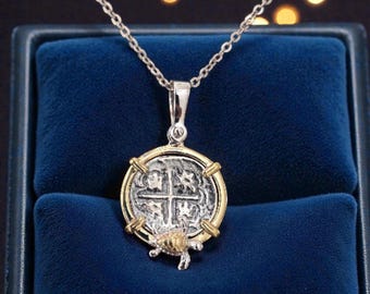 Atocha Silver Coin Pendant, Turtle Bezel, Sterling Chain