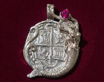 Atocha Shipwreck Silver Coin Mermaid Pendant – Ruby Topaz, Sterling Silver