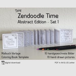 Könnte beinhalten: Ein Set kleiner quadratischer Malkarten mit schwarz-weißen abstrakten Linienmustern, darunter eine Karte mit der Aufschrift Tiny Zen Doodle Time und eine mit Well done. Vor den Karten liegt eine Reihe von Buntstiften.