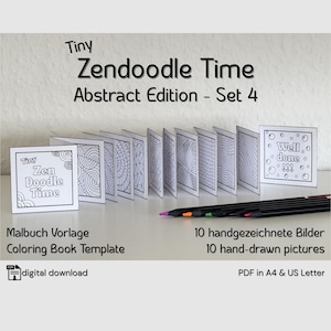 Könnte beinhalten: Ein Set kleiner quadratischer Malvorlagen mit dem Titel Tiny Zendoodle Time Abstract Edition - Set 4, mit schwarz-weißen Linienmustern und einer Karte mit dem Text Well done. Vor den Karten liegt eine Reihe schwarzer Buntstifte.