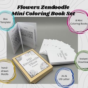 Könnte beinhalten: Ein Flowers Zendoodle Mini-Malbuch-Set mit einer Box-Vorlage, acht Mini-Malbüchern und handgezeichneten Motiven. Der Text auf dem Umschlag lautet My Zendoodle Time Flowers. Das Set enthält A4- und US-Letter-Formate zum sofortigen Download.