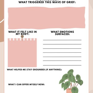 Puede incluir: Una hoja de trabajo titulada "Grief Wave Processing Worksheet" con indicaciones para explorar el duelo. El diseño presenta una combinación de colores rosa claro con indicaciones de texto como "Qué desencadenó esta ola de dolor" y "Qué emociones surgieron".