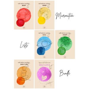 May include: A collection of six cards with watercolor illustrations and text. Each card features a different color scheme and a title such as "BODY", "MIND", "SOUL", "HEART", "DAILY LIFE", and "SELF LOVE". The word "Microaction", "Lists", and "Bundle" are also visible.