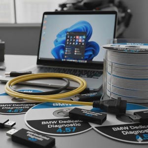 Può includere: Un computer portatile con schermo blu, un cavo giallo, diverse chiavette USB nere e molteplici dischi circolari etichettati BMW Dedicated Diagnostic 4.57. I dischi sono disposti in una pila e sparsi sull'area di lavoro.
