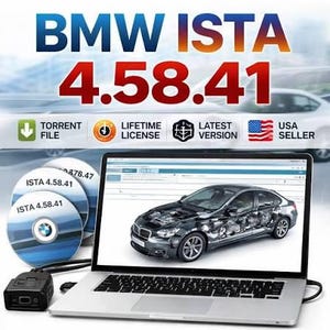 May include: A silver laptop displaying BMW ISTA 4.58.41 software with a car engine diagram, accompanied by two discs labeled ISTA 4.58.41 and a black diagnostic cable connector. Text includes BMW ISTA 4.58.41, Torrent File, Lifetime License, Latest Version, USA Seller.