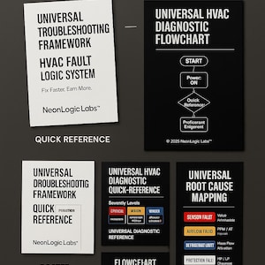 Può includere: Grafica che mostra i contenuti di una guida alla risoluzione dei problemi, tra cui un framework, un diagramma di flusso, un riferimento rapido e una mappatura delle cause principali. Il testo include "Universal Troubleshooting Framework" e "HVAC Fault Logic System". Disponibile in edizioni chiare e scure, formati A4 e A3.