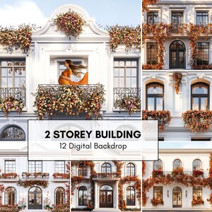 May include: A composite image of a two-story building with ornate architectural details. The building features multiple windows, balconies, and floral arrangements. The text "2 Storey Building" and "12 Digital Backdrop" are displayed.