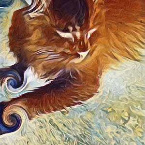 May include: An artistic rendering of a cat, featuring a warm color palette of browns, oranges, and whites. The cat's fur is detailed with brushstrokes, and the image has a textured, painterly effect. The cat is lying down.