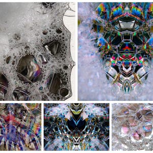 May include: A collage of macro photographs showcasing soap bubbles. The bubbles display iridescent colors and geometric patterns, with a focus on the textures and refractions of light. The images highlight the intricate details of the bubble formations.