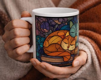 Stained Glass Cats on Books Mug | Ceramic Coffee Cup