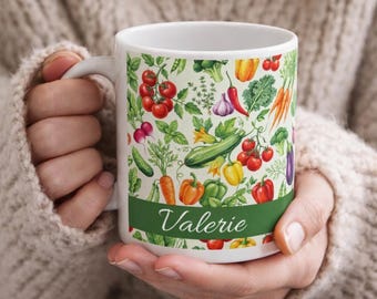 Personalized Watercolor Garden Vegetables Mug | Ceramic Coffee Cup