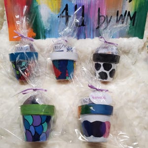 May include: Five small, hand-painted flower pots, each wrapped in clear cellophane and tied with a purple ribbon. The pots feature colorful designs, including geometric patterns and a cow-like print. The background reads "All by WM".