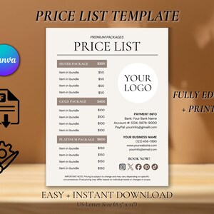 May include: A digital price list template on a white background featuring sections for Silver, Gold, and Platinum packages, a logo placeholder, payment information, and business contact details. The text includes 'PRICE LIST', 'PREMIUM PACKAGES', and 'YOUR LOGO'. It is 8.5 inches by 11 inches.