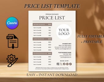 Editable Price List Template, Printable Menu, US Letter (Digital Download)