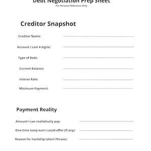 Peut inclure: Document blanc intitulé "Debt Negotiation Prep Sheet" avec des sections pour les informations sur le créancier et les détails de paiement. Comprend des champs pour le nom du créancier, le numéro de compte, le type de dette, le solde, le taux d'intérêt et le paiement minimum.