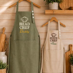 Embroidered Personalized Head Chef Sous Chef Aprons, Custom Embroidered Daddy and Me Cooking Gift, Father Child Matching Kitchen Linen Set
