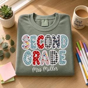 Chemise d'enseignant de deuxième année avec appliques florales personnalisées, tenue de rentrée scolaire, cadeau pour nouvel éducateur, t-shirt brodé patchwork couleurs confort