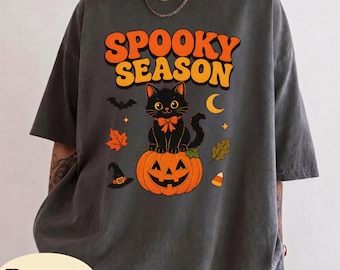 Spooky Season Black Cat Pumpkin Shirt, Cat Mom Gift, Halloween Gift for Her, Cute Halloween Tee, Fall Shirt, Pumpkin Tee, Retro Cat Tee