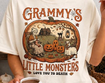 Comfort Colors Custom Grammy Halloween Shirt, Spooky Grandma Gift, Fall Grandkids Tee, Personalized Retro Pumpkin Little Monsters Spooky