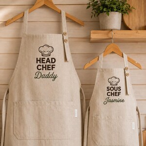 Personalized Head Chef Sous Chef Aprons, Custom Embroidered Daddy and Me Cooking Gift, Father Child Matching Kitchen Linen Set