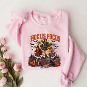 May include: A light pink crewneck sweatshirt featuring a graphic print with the text HOCUS POCUS and EST. 1693. The design depicts three figures flying on broomsticks over a town, a large full moon, bats, pumpkins, candles, and a book.