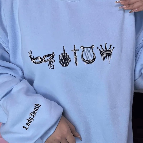 Nesta Archeron Lady Death Sweatshirt, ACOTAR Embroidered Crewneck, Valkyrie Sword Bookish Gift, Sarah J Maas Apparel, Silver Flames Merch