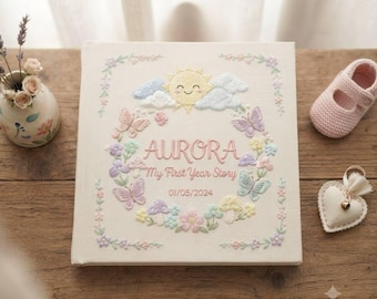 Libro de recuerdos para bebé con diseño de flores de jardín, álbum de fotos bordado para el primer año, libro de recuerdos personalizado para bebé, regalo para baby shower con diseño floral, álbum de primeros recuerdos.