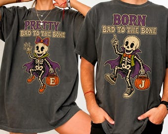 Comfort Colors Custom Skeleton Couples Shirt, Spooky His And Hers Gift, Matching Halloween Tee, Bad To The Bone, Initial, Retro, Vampire