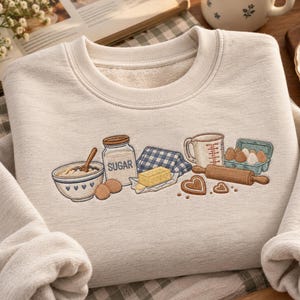 Baking Essentials Embroidered Sweatshirt, Baking Lover Crewneck, Vintage Kitchen Sweatshirt, Baker Gift, Cozy Baking Outfit