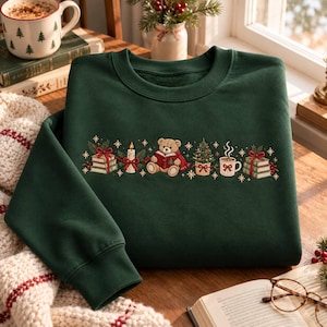 Cozy Christmas Teddy Bear Embroidered Sweatshirt, Holiday Book Lover Crewneck, Vintage Christmas Books and Cocoa Sweater