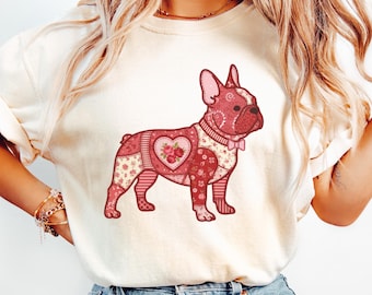French Bulldog Valentine T Shirt – Faux Patchwork Embroidered Frenchie Tee – Comfort Colors Vintage Dog Shirt – French Bulldog Mom Gift