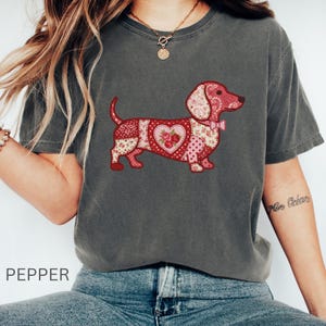 Dachshund Valentine T Shirt – Faux Patchwork Embroidered Doxie Tee – Comfort Colors Vintage Dog Shirt – Dachshund Mom Valentine Gift