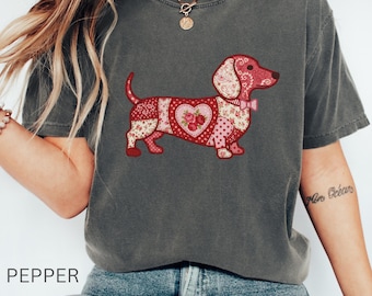 Dachshund Valentine T Shirt – Faux Patchwork Embroidered Doxie Tee – Comfort Colors Vintage Dog Shirt – Dachshund Mom Valentine Gift
