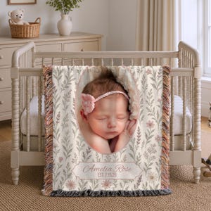 Custom Baby Photo Woven Blanket, Personalized Baby Photo Name DOB Throw, Wildflower Bow Nursery Newborn Memory Keepsake Tapestry Gift