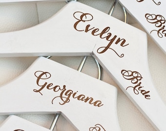 White Personalized Bridesmaid Hangers - Bridal Hanger - Bride Hanger - Wedding Party Hanger - Wooden Engraved Hanger - Custom Hanger