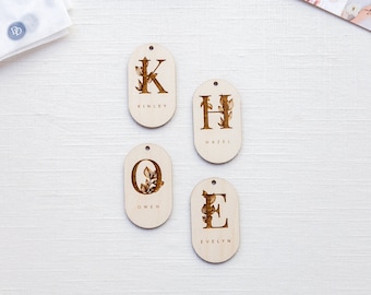 Personalized Wooden Botanical Monogram Tags - Custom Engraving