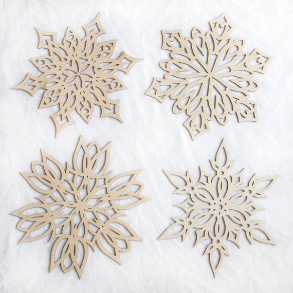Set of 4 Large Snowflake Ornaments or Small Snowflake Ornaments Laser Cut  Wood 