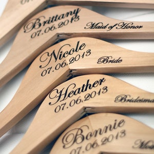 16 Personalized Wedding Dress Hangers with Wedding Party Title Arm Inscription Engraved Wood image 2