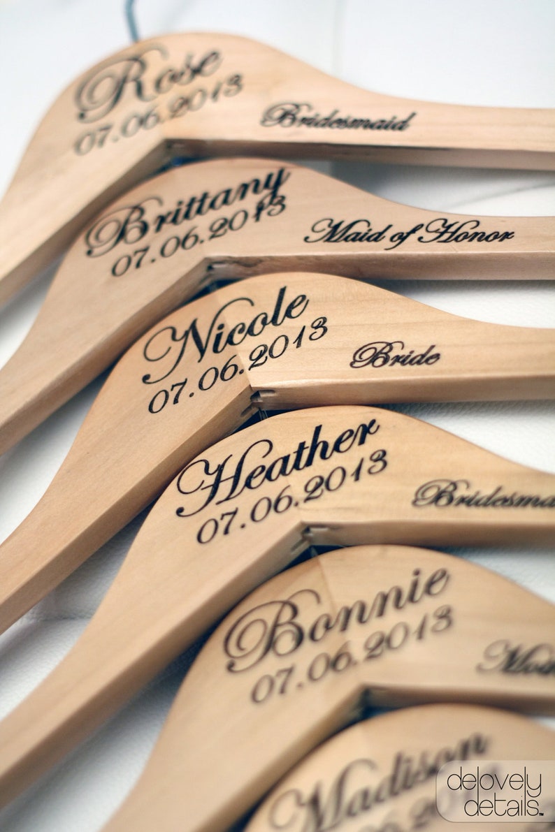 Personalized Wedding Dress Hanger with Wedding Party Title Arm Inscription Engraved Wood image 3