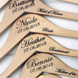 16 Personalized Wedding Dress Hangers with Wedding Party Title Arm Inscription Engraved Wood image 1