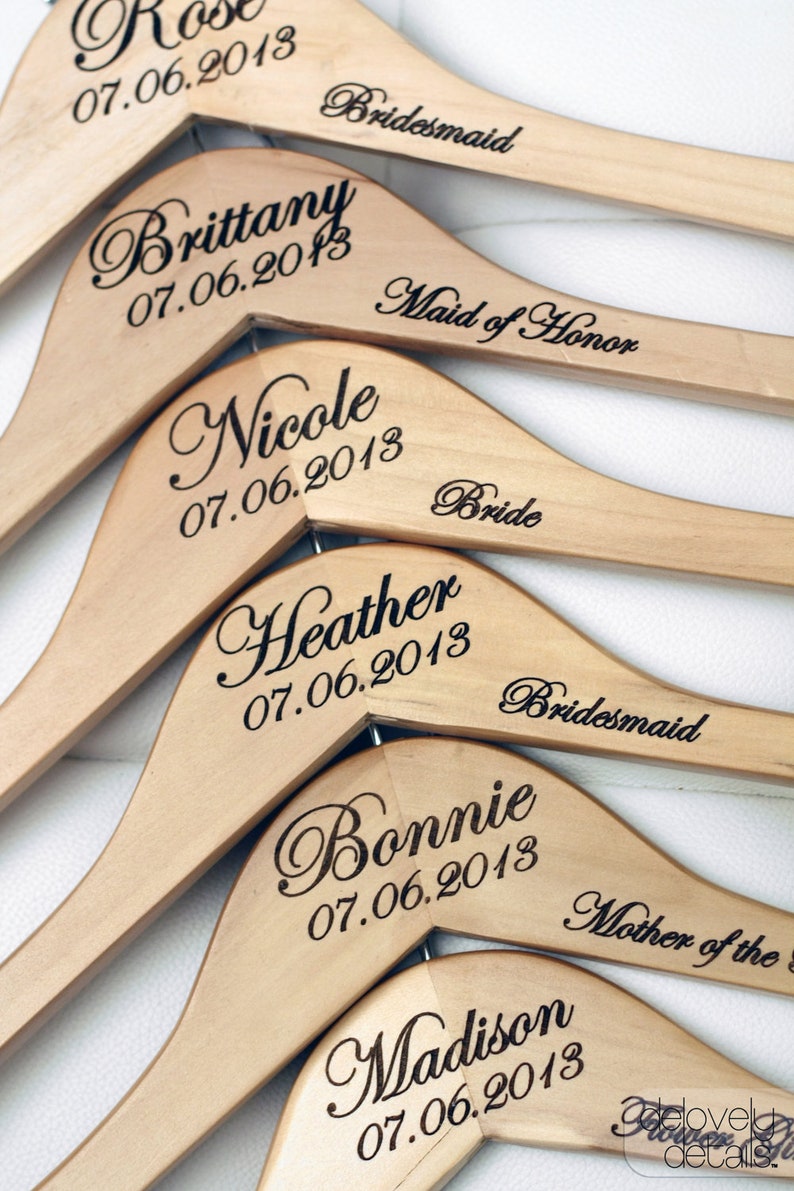 16 Personalized Wedding Dress Hangers with Wedding Party Title Arm Inscription Engraved Wood image 1